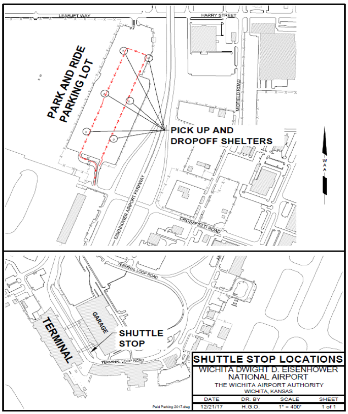 map showing the locations of Wichita airport's shuttle stops