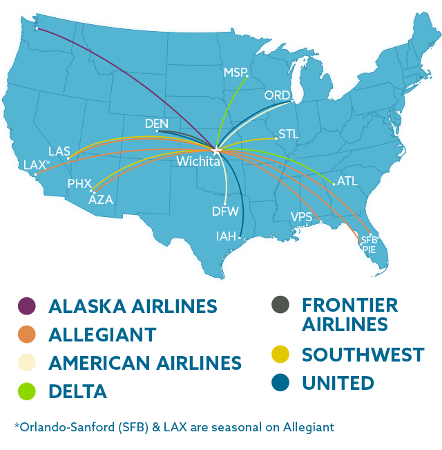 Map of nonstop destinations from ICT