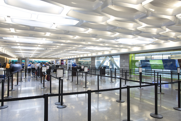 unique ceiling elements in the security line of wichita eisenhower airport