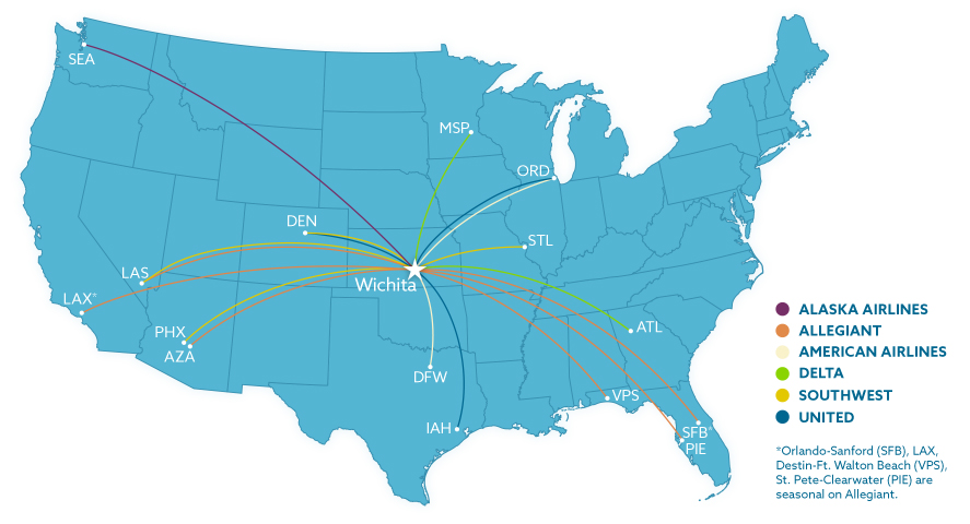 Wichita airport flight map with 14 nonstop destinations