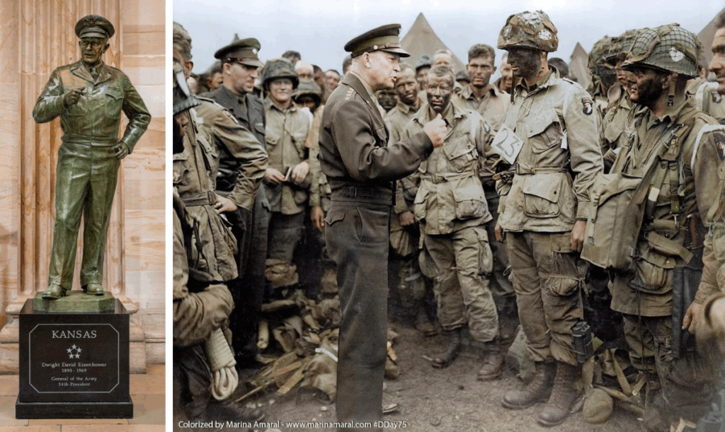 Statue of Eisenhower next to historical image of Eisenhower with troops